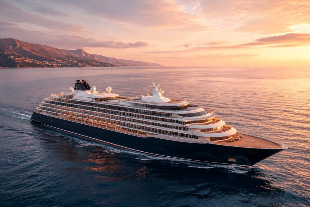 Luxury cruise ship sailing across the ocean at sunset.