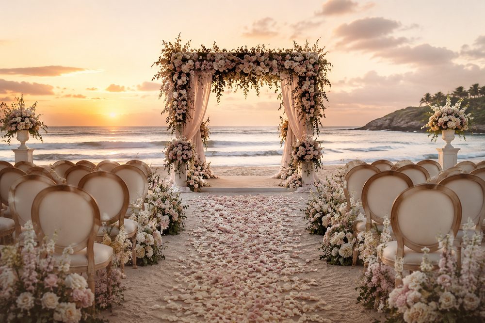 Elegant destination-wedding ceremony arranged on a tropical beach at sunset.