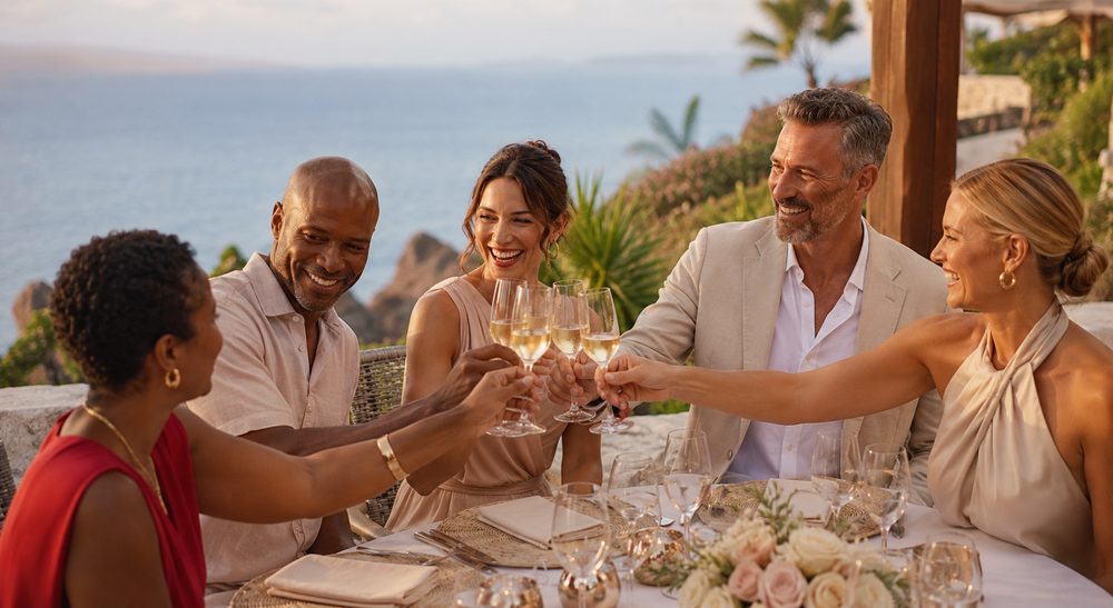 Group of adult friends celebrating together at an upscale oceanfront resort.